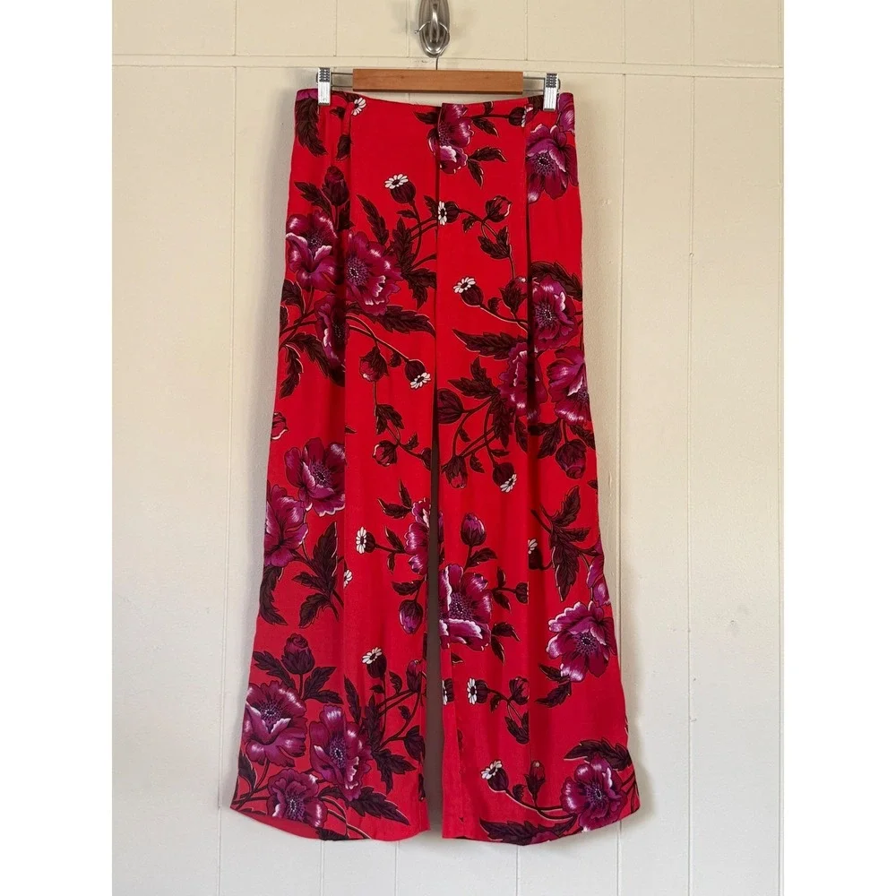 Ett Twa Anthropologie Womens  Red Boho Floral Wide Leg Pants High Rise Size‎ 4
